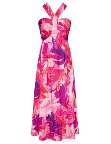 GRACE KARIN Women's 2026 Summer Floral Maxi Dress Criss Cross Halterneck Sleeveless Flowy A Line Boho Beach Vacation Casual Dress Pink Abstract M - Image 1