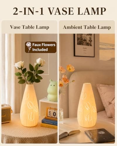 TACAHE Ceramic Vase Table Lamp, 2700K Bulb & 3 Artificial Flowers Included, E12 Socket, Inline Switch, Handmade Openwork Craft, Ambient Light for Living Room Bedroom - Tulip 11" - Thumbnail 3