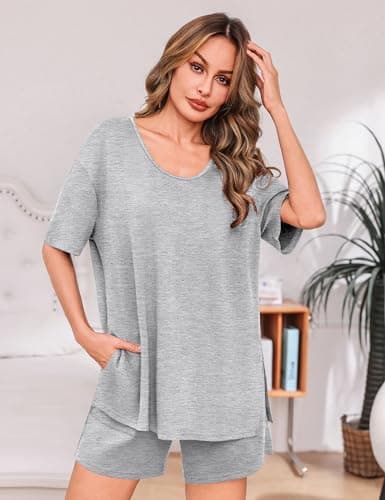 Totatuit Matching Sets for Women Summer 2 Piece Outfits Oversized Tee and Bermuda Shorts Lounge Set Comfy Sleepwear for Travel and Daily Wear Grey X-Large - Thumbnail 2