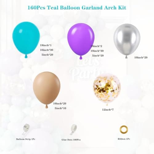 Teal Purple Silver Balloon Garland Arch Kit, 160Pcs Blue Turquoise Purple Silver Nude Latex Balloons with Confetti Balloons for Wedding Anniversary Baby Shower Mermaid Birthday Party Decorations - Thumbnail 2