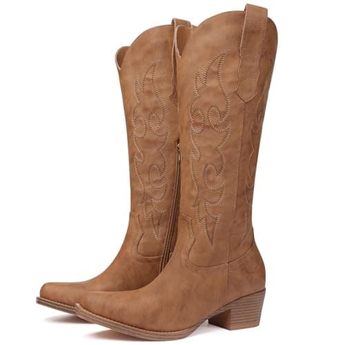 Quorvash Women's Wide Calf Cowboy Boots - Snip Toe Western Cowgirl Boots, Faux Leather Chunky Knee High Boots for Country Concerts & Nashville Outfits Brown Size 8 - Image 1