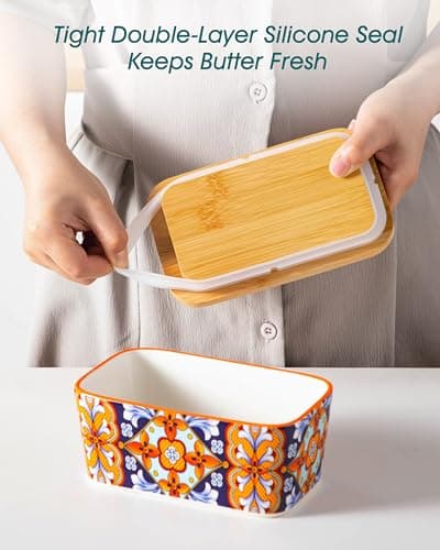 vancasso SIMI Butter Dish with Lid, 6.5" Large Butter Dish for Countertop, Bohemian Ceramic Butter Keeper Container with Knife and Bamboo Lid, Butter Holder for Counter, Amber Elegance - Thumbnail 6