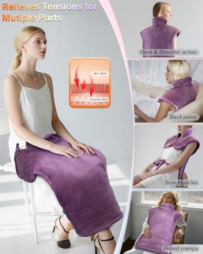 Heating Pad for Neck and Shoulders and Back, Pain Relief Electric Heating Pad Large Size 24”X33” with 4 Timers, 6 Heat Levels, Auto-Off, Mothers Day & Birthday Gifts for Women Mom Wife Grandma, Purple - Thumbnail 5