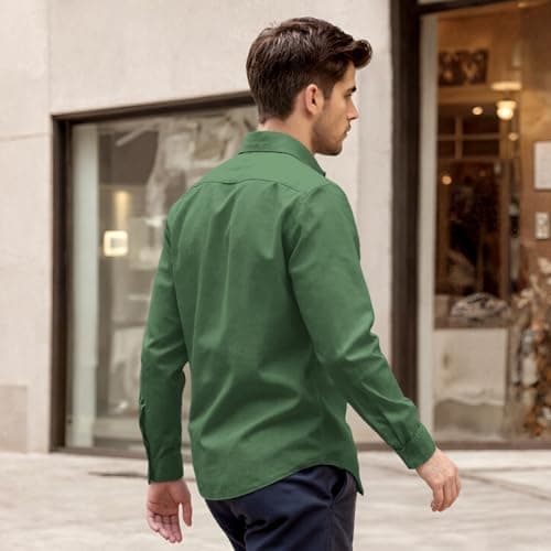 Men’s Casual Untucked Button Down Shirt Long Sleeve Stylish Business Casual Dress Shirts Green - Thumbnail 5