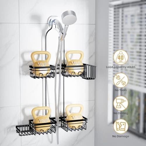 KEGII Shower Caddy Hanging for Handheld Showerheads, Rustproof Hanging Shower Organizer with Soap Dish, Toothbrush Holder and Hooks, Over Showerhead Caddy for Bathroom - Thumbnail 5