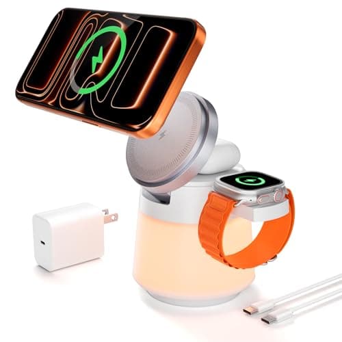 Wireless Charger 3 in 1, Magnetic Wireless Charger Stand with Night Light, 360° Rotation Portable Travel Charging Station Multiple Devices for iPhone 17/16/15/14/13/12, Apple Watch, AirPods Pro 3