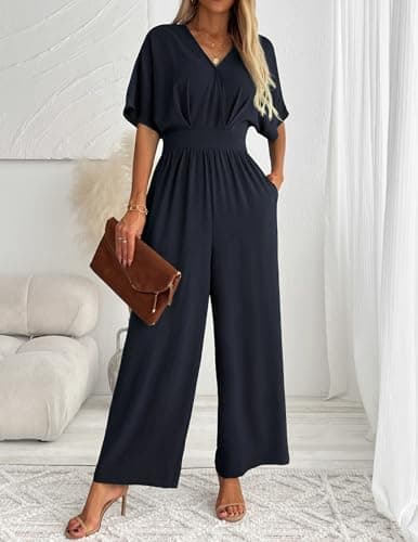 LOOKBOOK Womens Jumpsuit V Neck Batwing Sleeve Belted High Waist Wide Leg Romper with Pockets Casual One Piece Outfits Navy M - Thumbnail 6