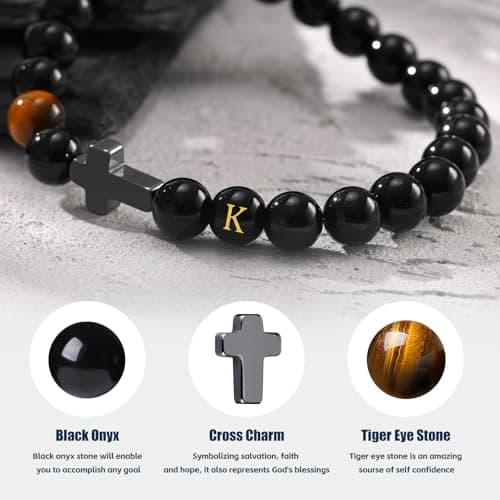 Mens Cross Bead Bracelet with Initials, Christian Rosary Obsidian A-Z Letter Black Onyx Tigers Eye Beaded Bracelet, Faith Religious Easter Catholic Communion Baptism Christmas Jewelry Gift for Men - Thumbnail 3