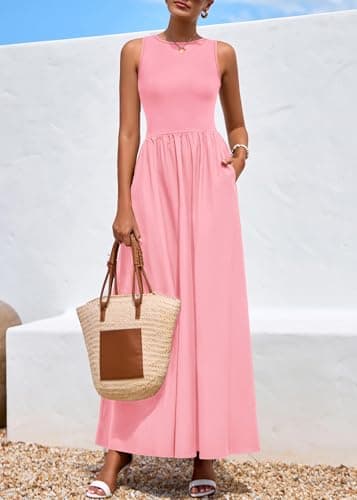 KIRUNDO Summe Sleeveless Maxi Dresses for Women 2026 Spring Wedding Guest A Line Tank Elegant Flowy Beach Long Sundress(Pink, XX-Large) - Thumbnail 4