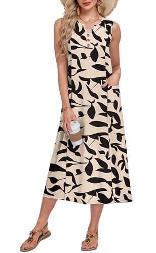 MOLERANI Sleeveless Floral Midi Dress Button Down with Pockets Summer Beach Sundress for Women Vacation Casual Dress, KK Black Leaf, XL - Image 1