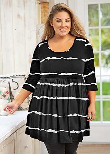 AusLook Plus Size Tunic Tops To 3/4 Sleeve White Stripe 3X Crewneck Clothes Clothing Flowy Blouse Dress Babydoll Summer Fall Winter Maternity Shirts - Thumbnail 3