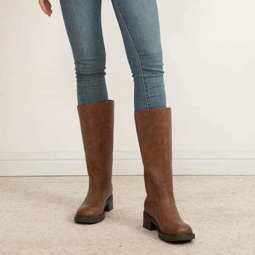 Athlefit Brown Knee High Boots for Women Chunky Heel Fall Tall Boots Square Toe Pull On Platform Casual Long Booties Size 6 - Thumbnail 3