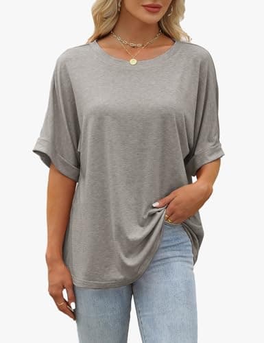 GKBK Womens Oversized T Shirts Crew Neck Short Sleeve Tops Spring Summer Business Dressy Casual Loose Fit Workout Work Basic Tee Shirt 2026 Beach Vacation Trendy Fashion Clothes Outfit Gray L - Thumbnail 2