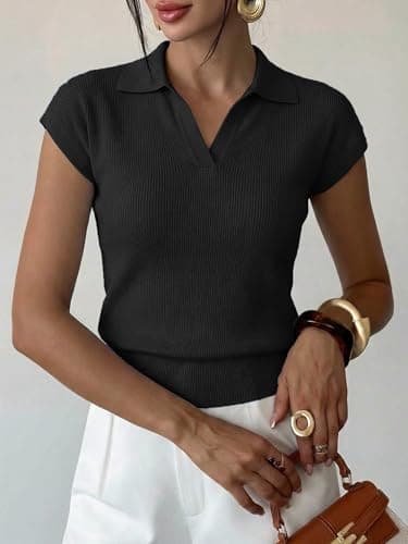LaGracia Womens Sweater Knit Polo Cap Sleeve Business Casual Tops for Women 2026 - Thumbnail 3