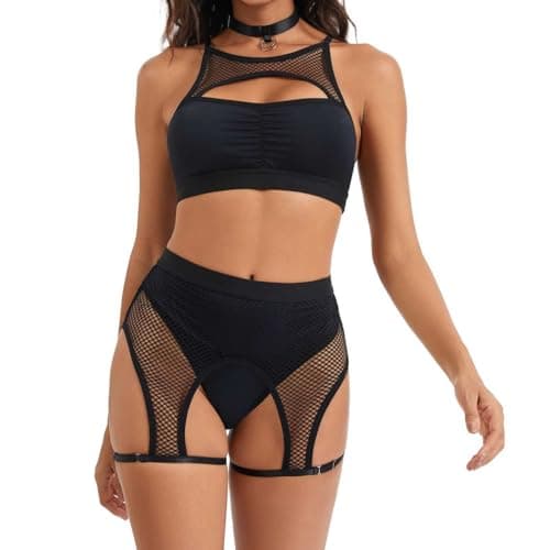 Kiruhytan Women‘s Rave Outfits Set: Cutout Fishnet Lingerie Top High Waisted Dance Shorts for Festival Party - Image 1