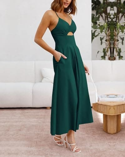 BTFBM Women 2026 Spaghetti Strap Midi Summer Dresses Sleeveless V Neck Cutout Slit Casual Beach Party Maxi Dress Pockets(Dark Green, XX-Large) - Thumbnail 3