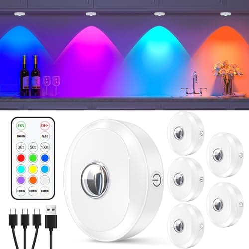 WILLED RGB Rechargeable Puck Lights with Remote Control, Under Cabinet Lighting Wireless, Dimmable Push Lights, Multicolor and Timing Function, LED Puck Lights for Kitchen, Cabinet and Shelf(6 Pack) - Image 1