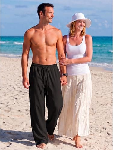 Areant Mens Lightweight Summer Pants Baggy Loose Fit Breathable Casual Sweat Pants Elastic Waist Drawstring for Beach Vacation Lounge Black Small - Thumbnail 2