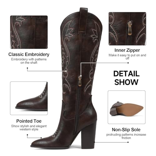 VOMIRA Knee High Cowboy Boots Women Pointed Toe Embroidered Leather Chunky High Heels Side Zipper Western Boots Brown Cowgirl Boots - Thumbnail 5