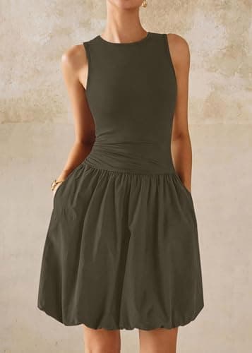 KIRUNDO Summer Bubble Dress for Women 2026 Casual Mini Spring Bodycon Cocktail Dresses Sleeveless Drop Waist Sundress Beach(Dark Khaki, XX-Large) - Thumbnail 5