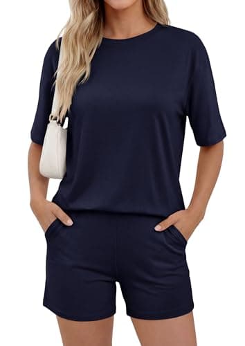 PRETTYGARDEN 2026 Women's Summer 2 Piece Sets Casual Lounge Set Short Sleeve Tops Shirts Shorts Travel Beach Vacation Outfits (Navy Blue,X-Small)