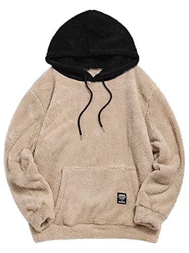 ZAFUL Color Blocking Fuzzy Hoodie Unisex Men Sherpa Pullover Loose Fluffy Sweatshirt Light Khaki S - Image 1