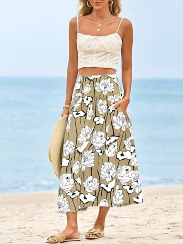 Wenrine Womens Floral Print Maxi Skirt High Waisted A Line Boho Flowy Beach Vacation Long Skirts with Pockets Khaki - Thumbnail 2