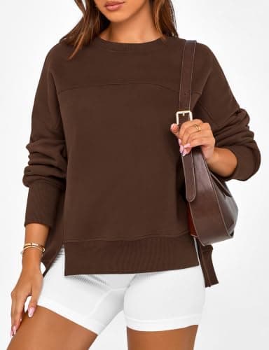 BTFBM Women's Casual Crewneck Sweatshirts 2026 Spring Long Sleeve Side Slit Workout Fleece Pullover Top Fall Fashion Clothing(Coffee, Small) - Thumbnail 5