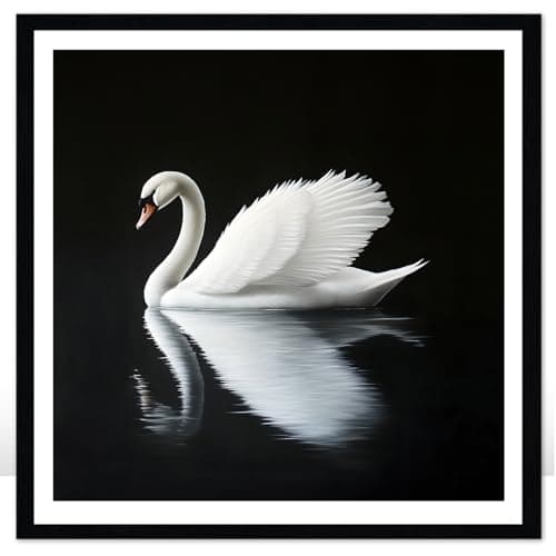 Moonow7 Swan Wall Art Framed – Small Minimalist Animal Print, Vintage Art Prints for Bedroom, Living Room, Entryway, Black and White Gallery Wall Decor, Zen Aesthetic Home Decor, Size 12x12”