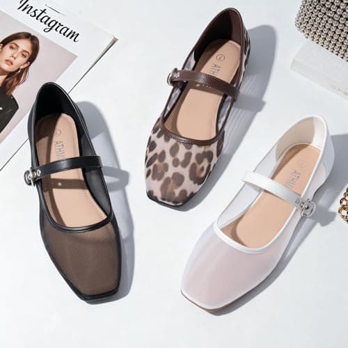 ATHMILE Women's Leopard Mesh Flats for Women Mary Janes Shoes Women Square Toe Ballet Flats with Adjustable Strap, Slip-On Comfortable Casual Dress Shoes for Office, Date Night and Daily Wear Size 9 - Thumbnail 3