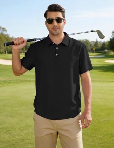 Eisctnd Men's Polo Shirts Short Sleeve Linen Blend Golf Collared T-Shirt for Summer Wedding Beach Vacation Business Casual(Black-XL) - Thumbnail 3