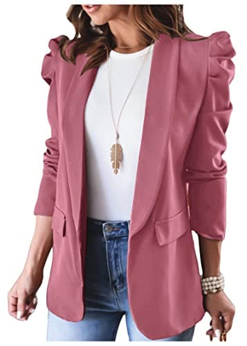 KIRUNDO Women's 2026 Spring Fall Casual Blazers Puff Sleeve Lapel Open Front Work Suit Office Blazer Jackets with Pockets(Rose Pink, XX-Large) - Image 1