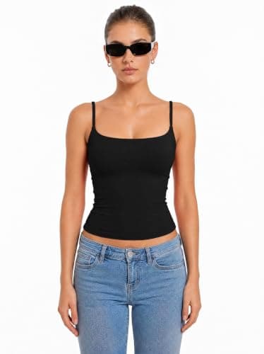 Women Sexy Square Neck Tank Top Summer Y2K Going Out Top Woman Casual Double Line Sleevess Basic Tanks Spaghetti Strap Camisole Shirts (Black,XL) - Thumbnail 5