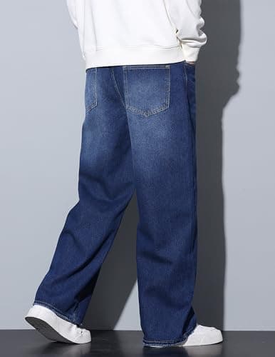 QGRSWBC Baggy Jeans Men Wide Leg Hip Hop Jean Casual Y2K Denim Pants Loose Fit Skater Long Trousers Dark Blue - Thumbnail 5