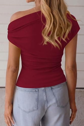 PRETTYGARDEN Womens Summer Off The Shoulder Crop Tops Ribbed Going Out Fitting T Shirts Trendy Spring Y2k Clothes 2026(Burgundy,Small) - Thumbnail 5