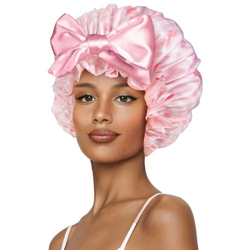 Vettres Cute Adjustable Silk Bonnet for Sleeping Double Layer Satin Cap Hair Sleep Bonnet for Curly Hair Pink White Bow - Image 1