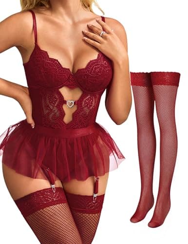 Tidouk Sexy Lingerie Sets for Women Lace Bodysuit Garter Lingerie set Babydoll Mini Skirt with Stockings（Wine Red,Medium - Image 1
