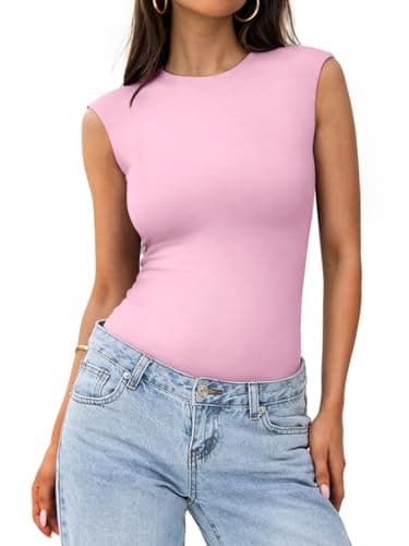PINKMSTYLE Women’s Sexy Sleeveless Round Neck Double Lined Basic Bodysuit Tank Tops Pink XX-Large - Image 1