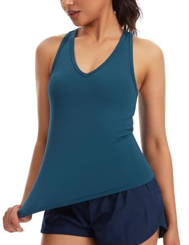 THE GYM PEOPLE Women’s V Neck Workout Tank Tops Racerback Slim Fit Sleeveless Yoga Running Athletic Shirts Dark Blue Green - Image 1