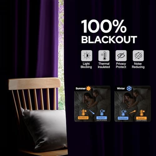 HOMEIDEAS 100% Blackout Faux Silk Purple Curtains 52W x 84L 2 Panels - Thumbnail 3