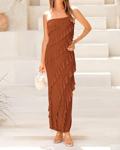 BTFBM Women Summer Elegant Strapless Midi Ruched Bodycon Dress Solid Color Stretch Mesh Slim Party Cocktail Dresses - Thumbnail 4