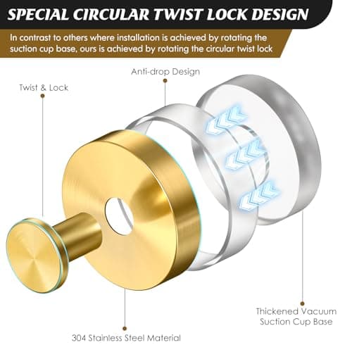 MOTAIPEAK Suction Cup Hooks,No Drill Shower Hooks for Inside Shower,Heavy Duty Towel Hooks for Wall,Bathroom,Kitchen,Glass,Mirror,Tile to Hang Towels,Loofah-Gold(2 Pack) - Thumbnail 2