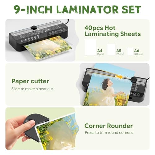 9-Inch Laminator Machine,Thermal Lamination with 40 Sheets, A4 Laminating Machine with ABS Jam-Release,Cold & Thermal,Built-in Paper Cutter & Corner Rounder aminator Kit for Home,Class,Office - Thumbnail 6