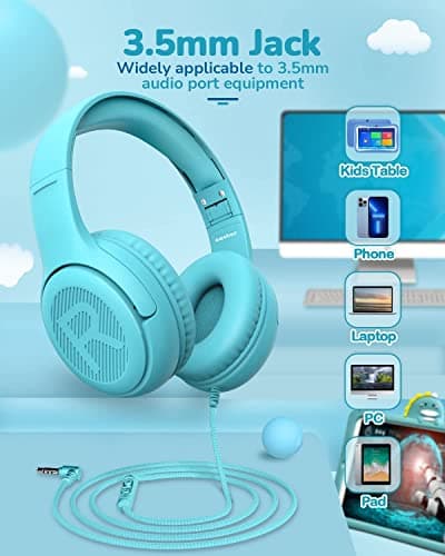 awatrue Kids Headphones for School Travel, 85/94dB Safe Volume Limit, 3.5mm Jack, HD Mic, Portable Wired Headphone with Shareport, Stereo Sound On-Ear Headphones for Toddler Kids Girls Boys Blue - Thumbnail 6