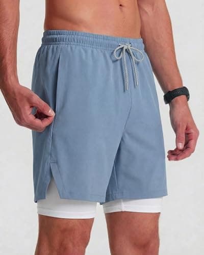 Y YERFONE Mens Swim Trunks with Compression Liner Men Bathing Suit 5 inch Board Shorts Zipper Pockets Drawstring 2 in 1 Quick Dry Stretch Lined Funny Beach Swimming Pool Surf Pale Blue - Thumbnail 2