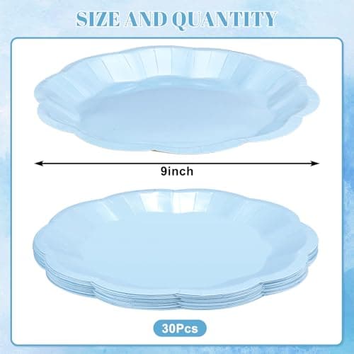 NatNarr 30 Pcs Light Blue Paper Plates 9 Inch Scalloped Plates Disposable Dinner Plate Party Plate for Weeding, Birthday, Baby Shower - Thumbnail 2