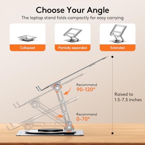 TECKNET Laptop Stand for Desk, 360 Rotating Base, Ergonomic Foldable Computer Stand for Laptop Riser Height Adjustable, Compatible with MacBook Pro, All Laptops 10-17" - Silver - Thumbnail 3