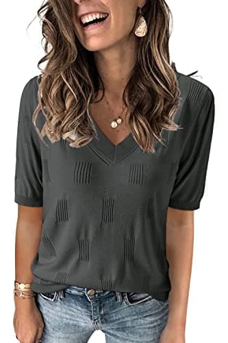 Arach&Cloz Women's Summer Fall Tops 2025 Short Sleeve Plus Size Sweaters V Neck Trendy Fashion Knit Clothes Dressy Cute Casual Outfits Business Work Blouse Dark Grey L - Image 1
