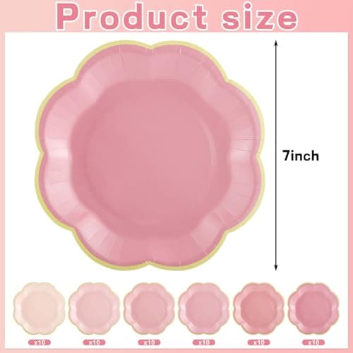 NatNarr 60 Pcs Pink Paper Plates, 7 Inch Gradient Pink Dessert Plates with Gold Edge Scalloped Mothers Day Plate Disposable Pink Plate for Wedding Girl Baby Shower Birthday Bridal Party Supplies - Thumbnail 2