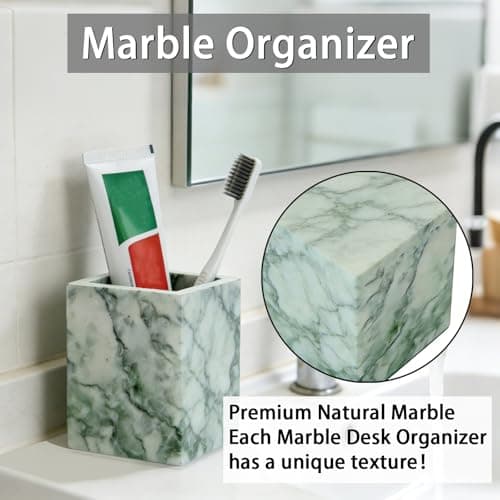 Natural Marble Toothbrush Holder: Pen Holder - Makeup Brush Holder - Marble Organizer for Vanity- Cup for Bathroom - Office & Home Countertop Organizer - Cyan Green - Thumbnail 2